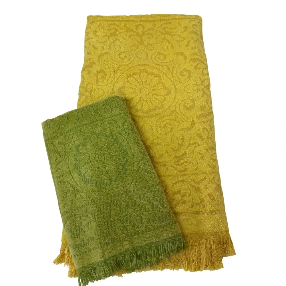 Vintage Sears Drylon Towel Set Yellow Green Floral Damask Fringed MCM USA